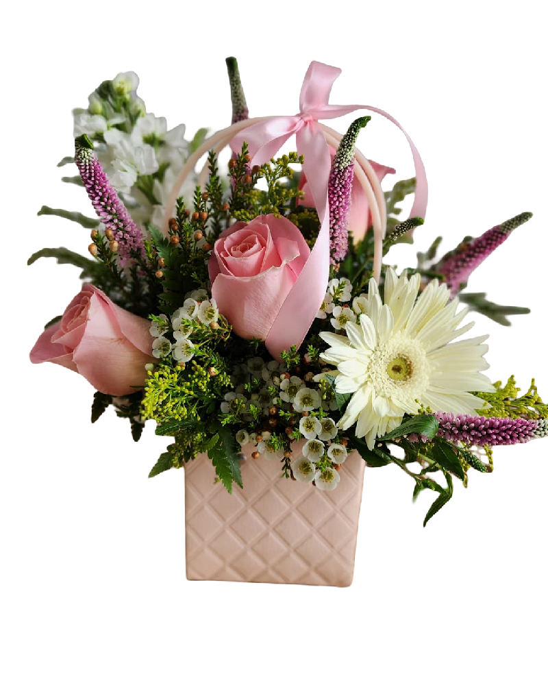 blushing basket – pink rose &amp; gerbera arrangement image 0