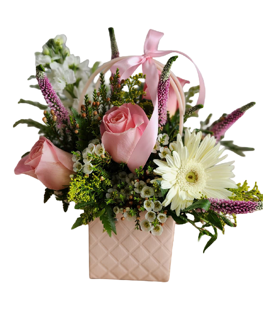 blushing basket – pink rose &amp; gerbera arrangement image 0
